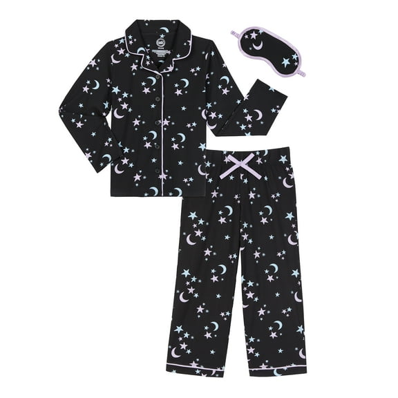 Wonder Nation Girls Button Front Long Sleeve Top & Pant Pajama Set with an Eyemask, 3-Piece, Sizes 4-18 & Plus