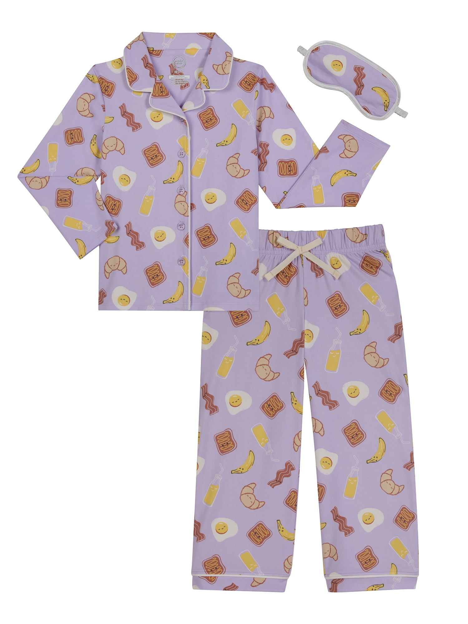 Wonder Nation Girls Button Front Long Sleeve Top & Pant Pajama Set with an Eyemask, 3-Piece, Sizes 4-18 & Plus