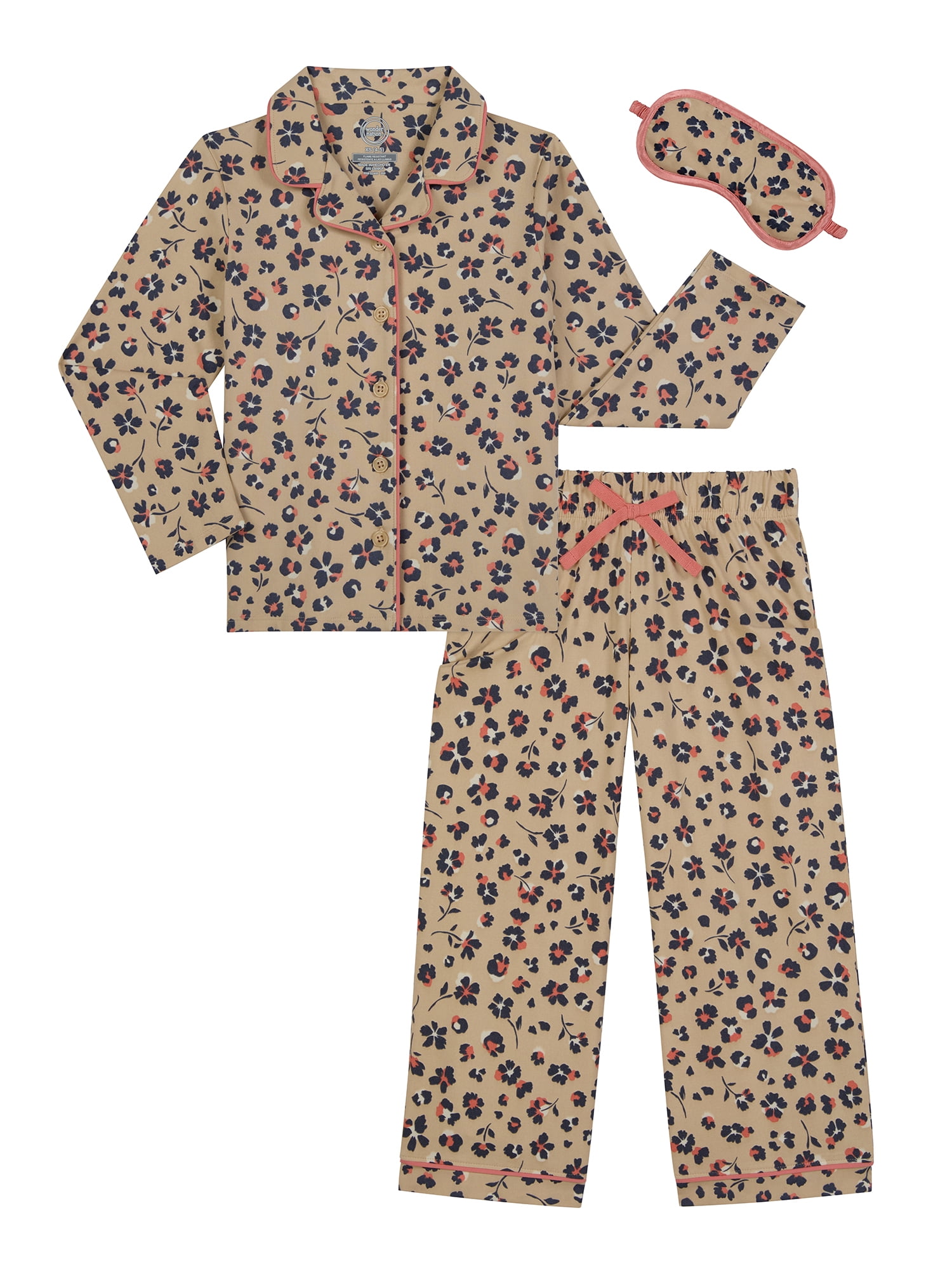 Wonder Nation Girls Button Front Long Sleeve Top & Pant Pajama Set with an Eyemask, 3-Piece, Sizes 4-18 & Plus