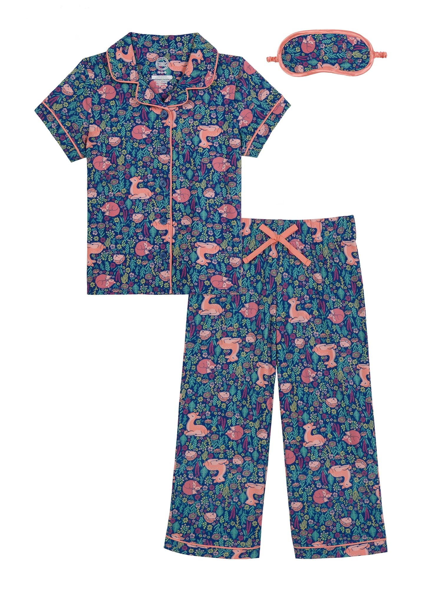 Wonder Nation Girls Button Front Short Sleeve Top & Pant Pajama Set with an Eyemask, 3-Piece, Sizes 4-18 & Plus