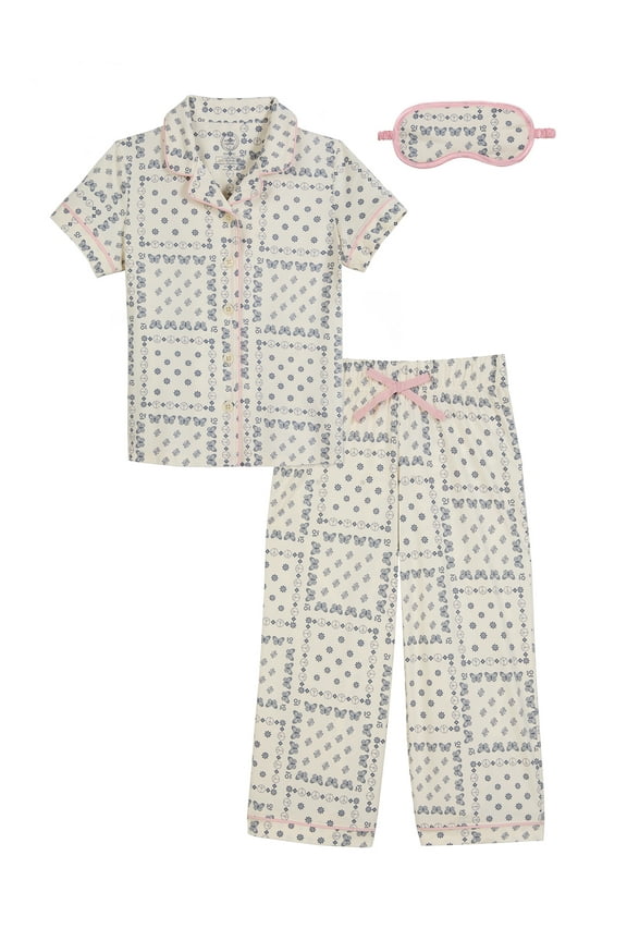 Girls Button Front Short Sleeve Top & Pant Pajama Set with an Eyemask, 3-Piece, Sizes 4-18 & Plus