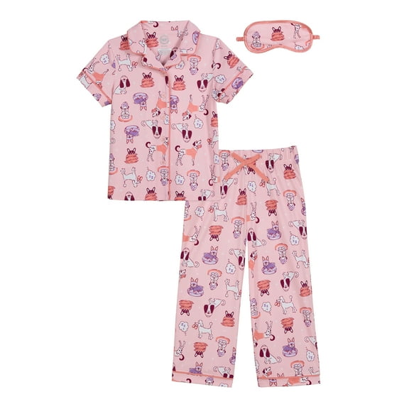 Wonder Nation Girls Button Front Short Sleeve Top & Pant Pajama Set with an Eyemask, 3-Piece, Sizes 4-18 & Plus