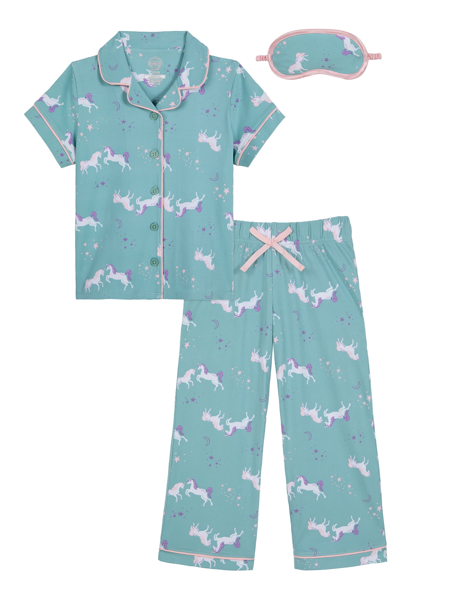 Wonder Nation Girls Button Front Short Sleeve Top & Pant Pajama Set with an Eyemask, 3-Piece, Sizes 4-18 & Plus