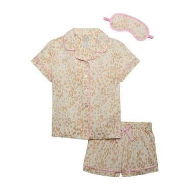 Wonder Nation Girls Button Front Sleep Coat Set Pajama with Eyemask, 3-Piece, Sizes 4-18 & Plus