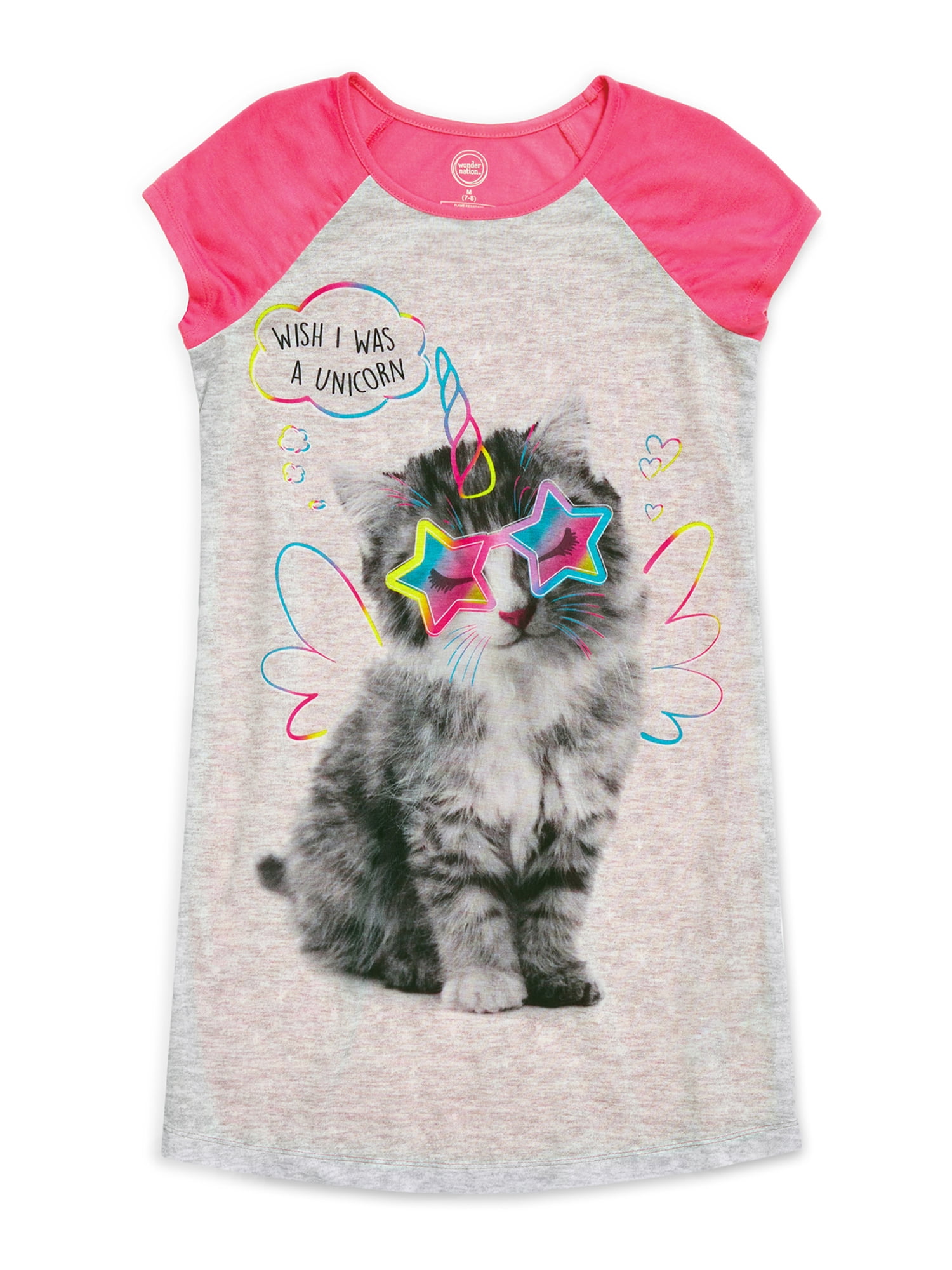 Wonder Nation Girls Cat Short Sleeve Sleep Gown, Sizes 4-18 & Plus