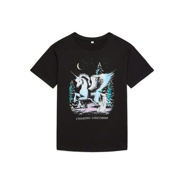 Wonder Nation Girls Chasing Unicorns Short Sleeve Graphic T-Shirt, Sizes 4-18