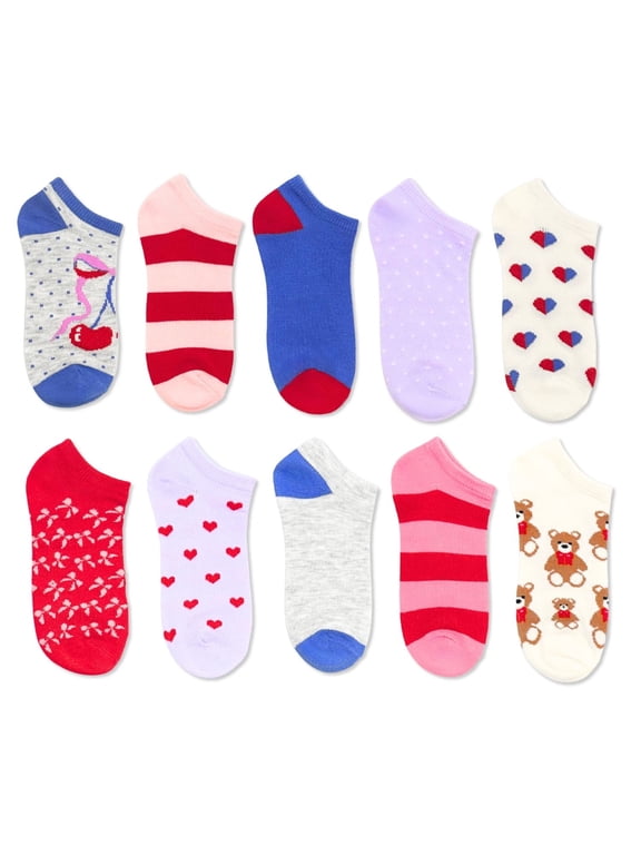 Girls Cherry Bow No-Show Socks, 10-Pack, Sizes S-L