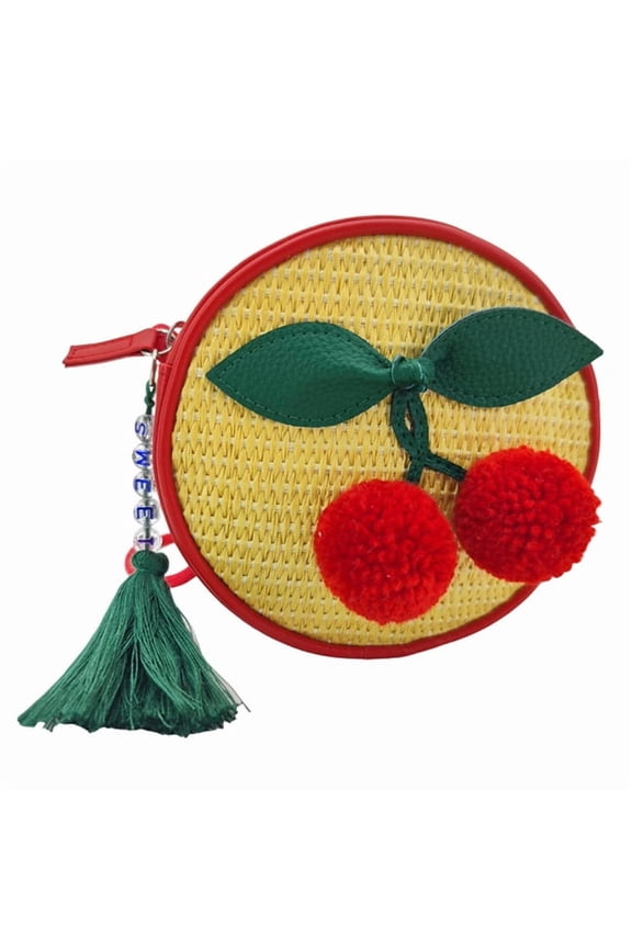 Girls Cherry Straw Crossbody Bag, Red