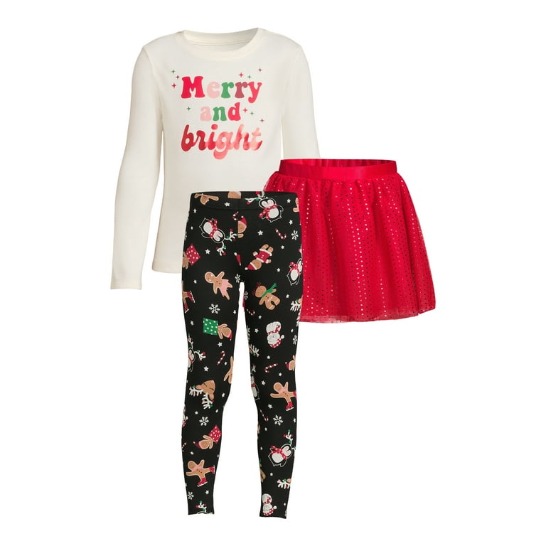 Wonder Nation Girls Christmas Graphic Tee, Leggings and Skirt, 3-Piece  Outfit Set, Sizes 4-18 