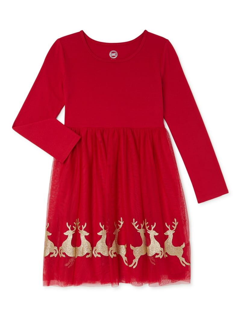 Wonder Nation Girls Christmas Long Sleeve Tutu Dress, Sizes 4-18