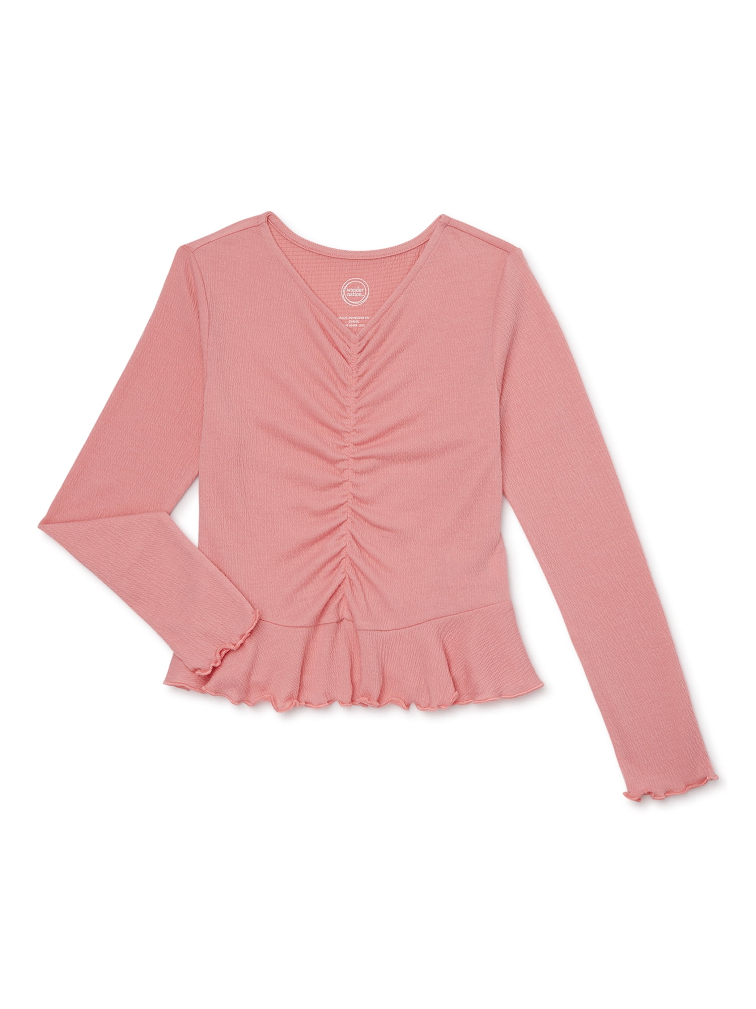 Wonder Nation Girls' Cinch Front Peplum Top with Long Sleeves, Sizes 4-18 &  Plus 