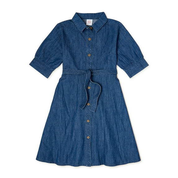 Wonder Nation Girls Collared Shirt Dress with Elbow Sleeves, Sizes 4-18 & Plus