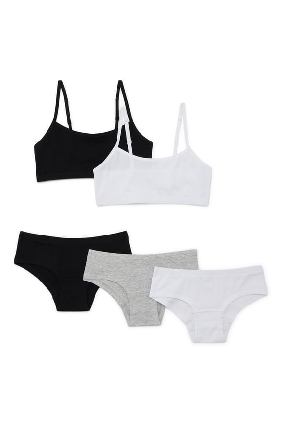 Girls Cotton-Blend Scoop Bralette and Brief Panties Bundle, 5-Pack, Sizes XS-2XL