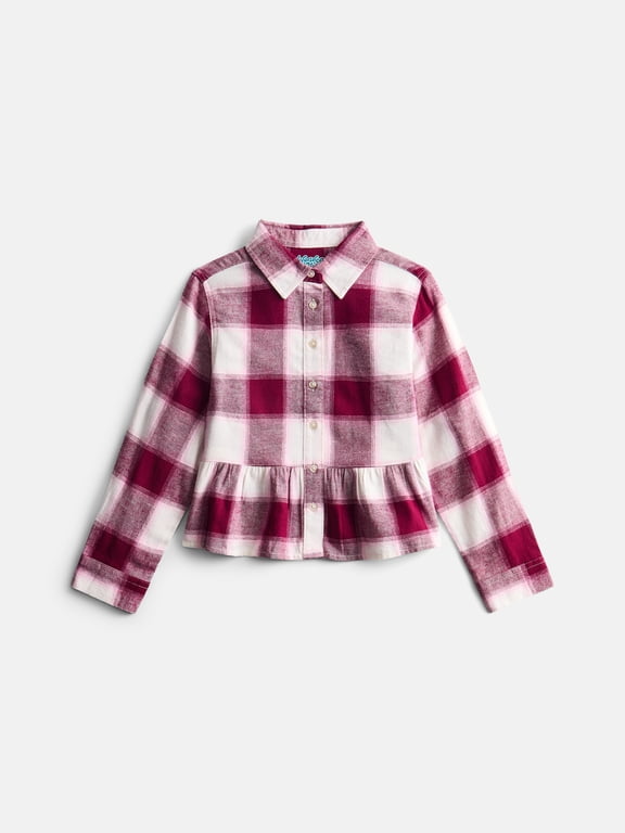 Girls' Cotton Flannel Shirt with Peplum Hem, Sizes 4/5-18 & Plus