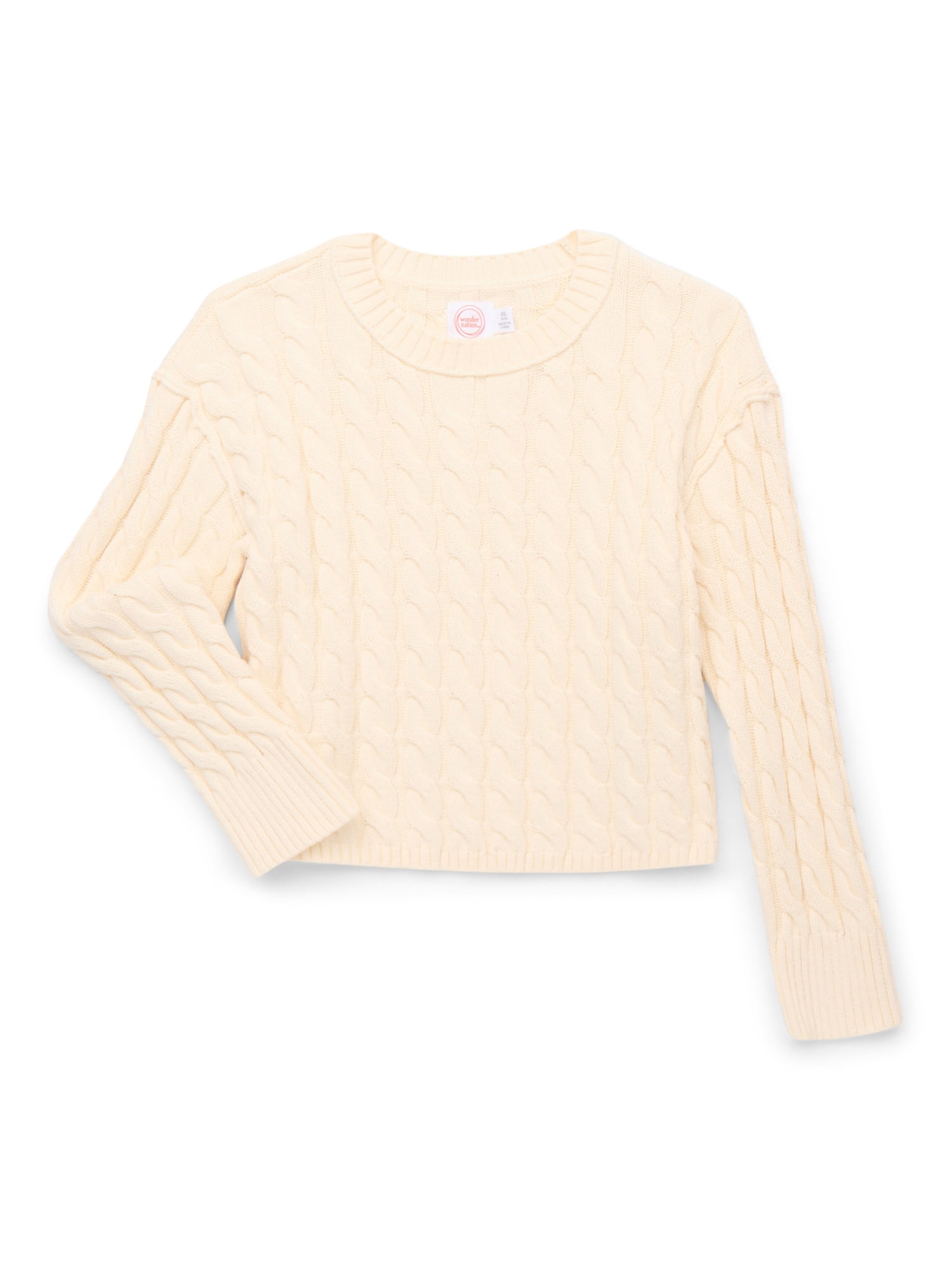 Wonder Nation Girls' Cropped Cotton Cable Knit Sweater, Sizes 4-18