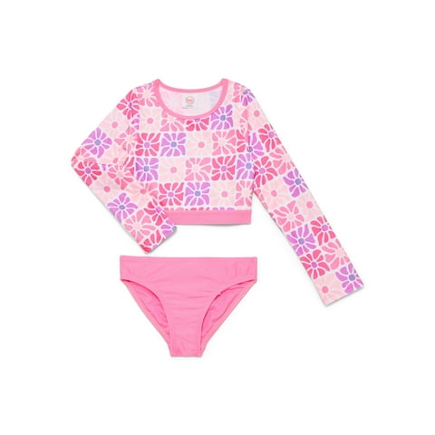 Wonder Nation Girls Cropped Long Sleeve Rash Guard and Scoop Bottoms Swim Set with UPF 50, 2-Piece, Sizes 4-18