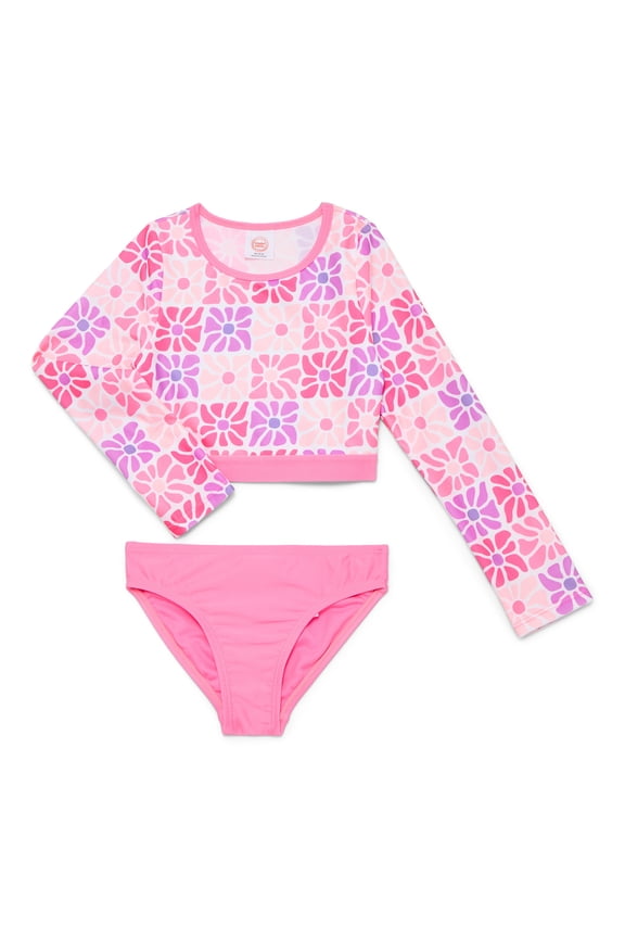Girls Cropped Long Sleeve Rash Guard and Scoop Bottoms Swim Set with UPF 50, 2-Piece, Sizes 4-18