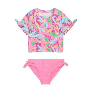 Wonder Nation Girls Cropped Rash Guard and Bikini Bottoms Swim Set with UPF 50, 2-Piece, Sizes 4-16