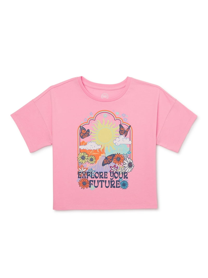 Wonder Nation Girls Cropped Graphic T-Shirt with Short Sleeves