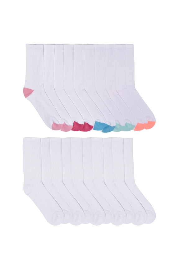 Girls Cushioned Crew Socks, 10-Pack, Sizes S (6-10.5) - L (4-10)