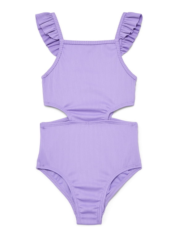Girls Cutout Rib-Knit One-Piece Swimsuit with UPF 50+, Violet Sky, Sizes 4-18 & Plus