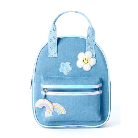 Wonder Nation Girls Denim Mini Backpack with Flower and Rainbow Patches