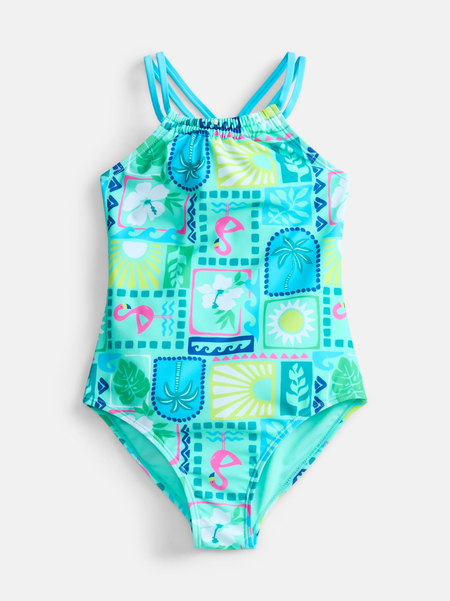 Wonder Nation Girls Double Cross Back Strap One Piece Swimsuit, Sizes 4-16
