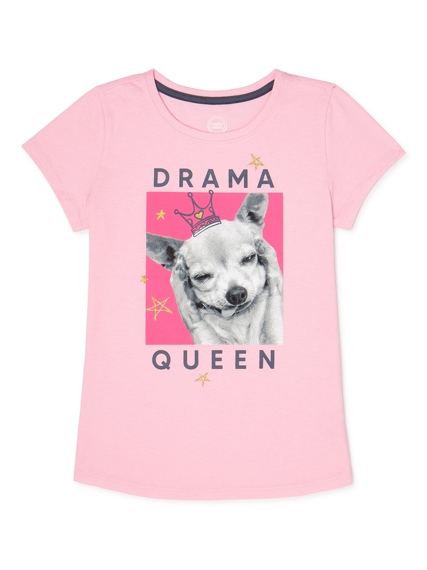 Wonder Nation Girls Drama Queen Dog Short Sleeve Tee, Sizes 4-18