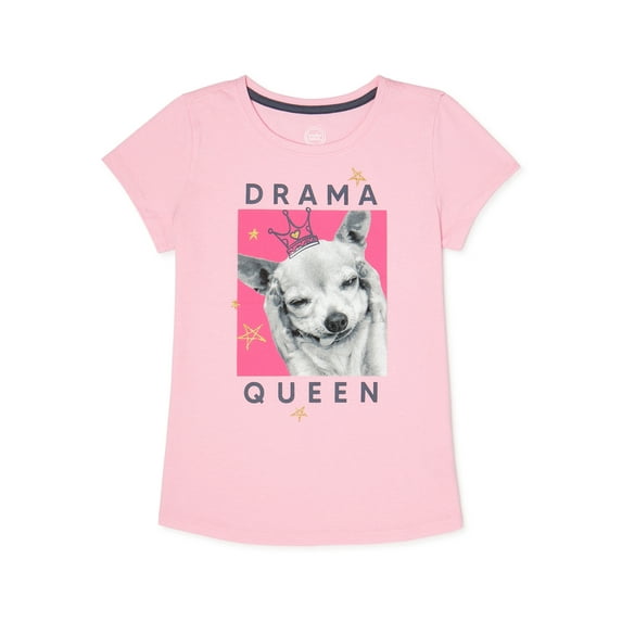 Wonder Nation Girls Drama Queen Dog Short Sleeve Tee, Sizes 4-18