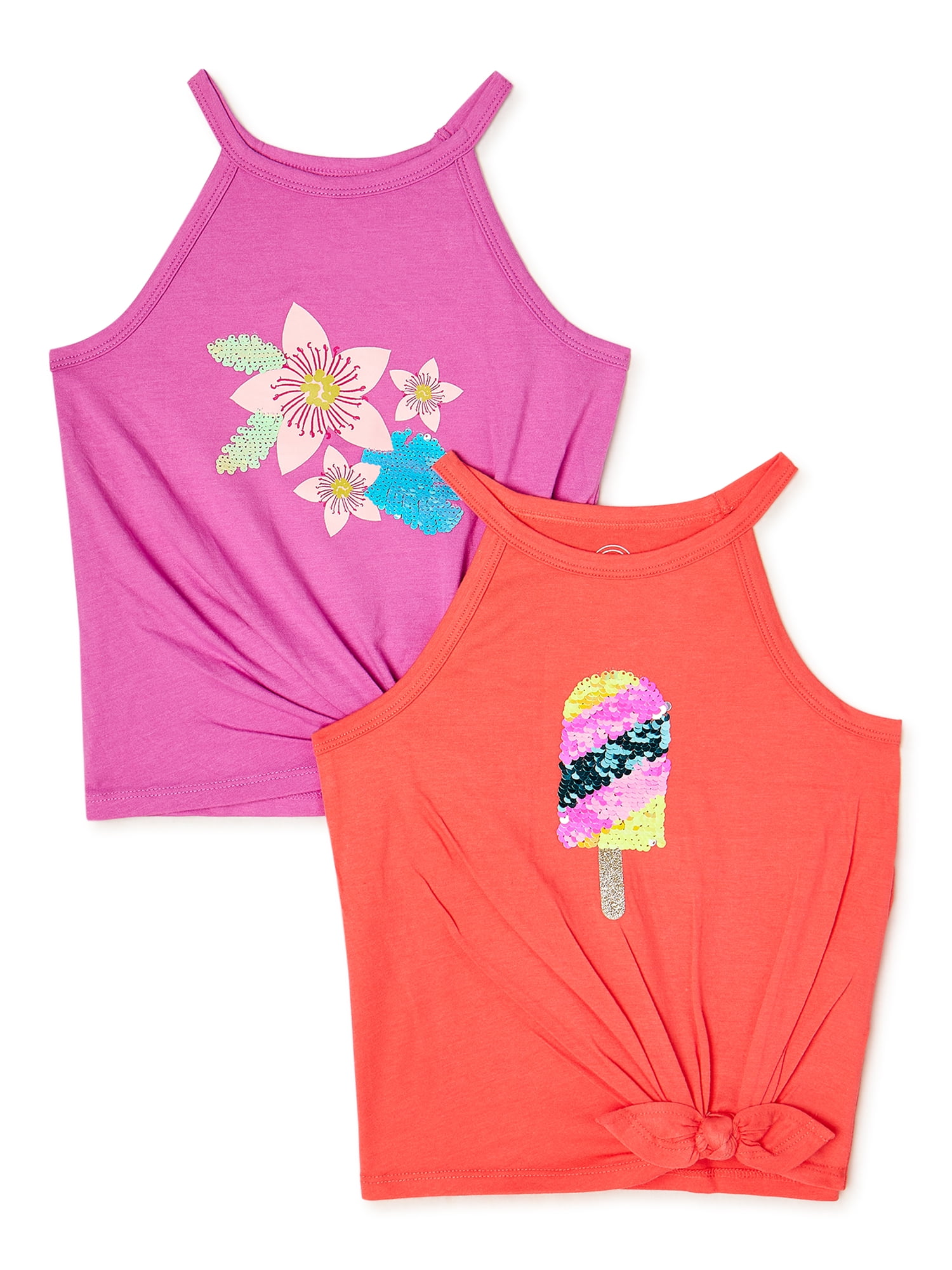 Wonder Nation Girls Embellished Graphic Tie Front Tank Tops, 2-Pack ...