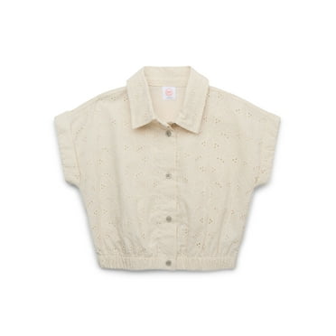 Wonder Nation Girls Eyelet Button Up Top with Short Sleeves, Sizes 4-18 & Plus