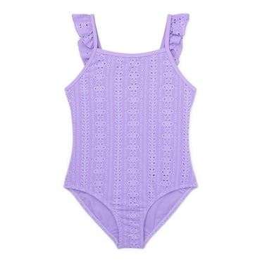 Wonder Nation Girls Eyelet Flutter One Piece Swimsuit with UPF50+, Sizes 4-16 & Plus