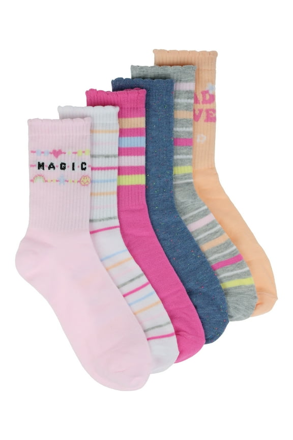 Girls Fashion Crew Socks, 6-Pack