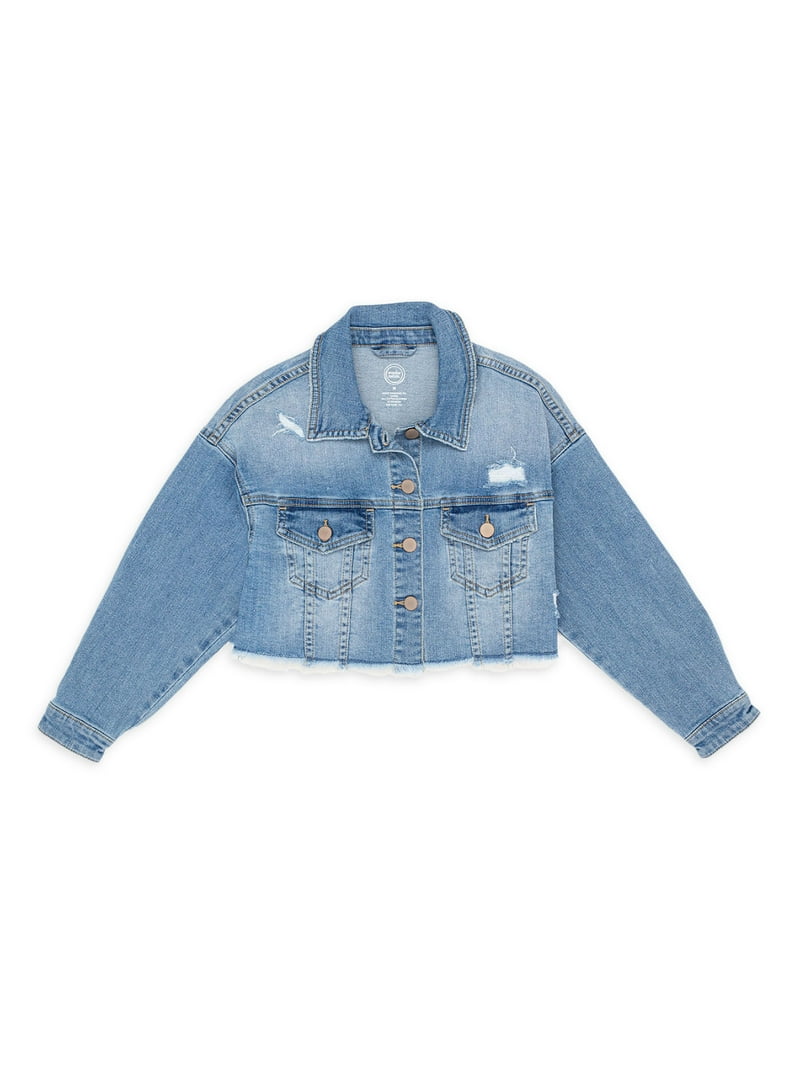 希少色｜Tiffany Blue Black Denim Jacket Wonder Nation Girls Fashion Cropped Denim Jacket, Sizes 4-18