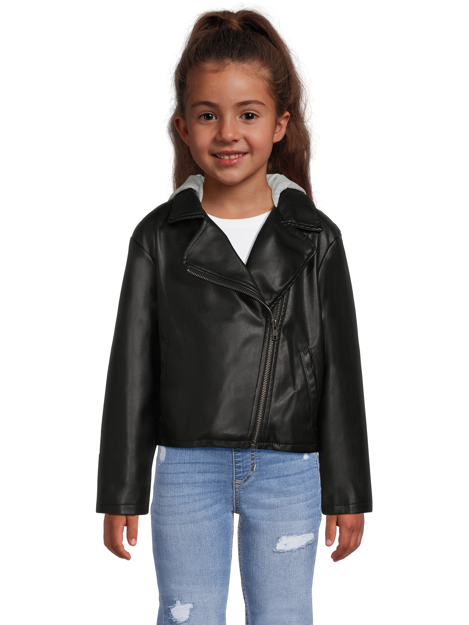 Wonder Nation Girls Faux Leather Moto Jacket with Knit Hood, Sizes 4-18 ...
