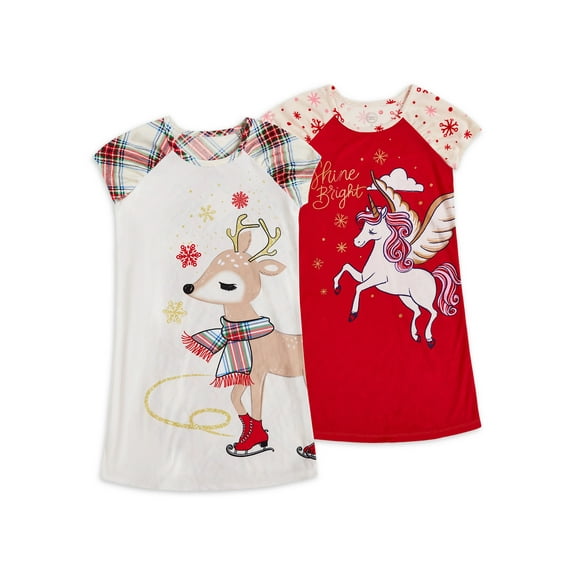 Wonder Nation Girls Fleece Holiday Short Sleeve Nightgown, 2 Pack, Sizes 4-18 & Plus