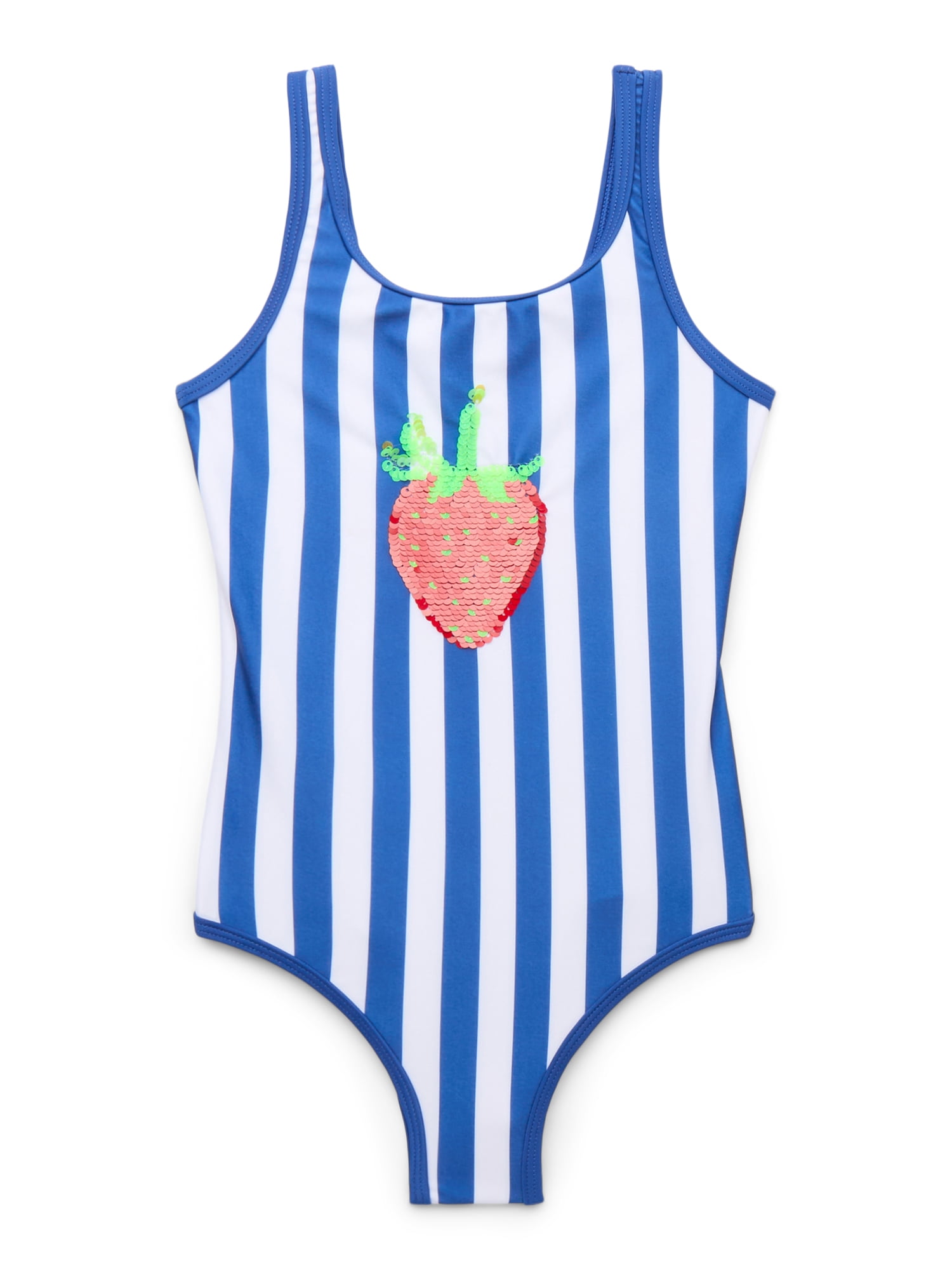 Wonder Nation Girls Flip Sequin Strawberry Striped One-Piece Swimsuit with UPF 50, Sizes 4-18 & Plus