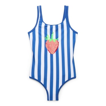 Wonder Nation Girls Flip Sequin Strawberry Striped One-Piece Swimsuit with UPF 50, Sizes 4-18 & Plus
