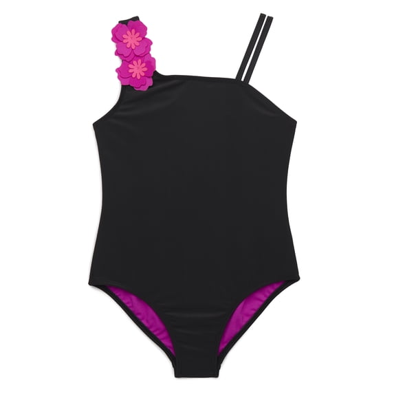Wonder Nation Girls Floral Applique One-Piece Swimsuit with UPF 50, Sizes 4-16