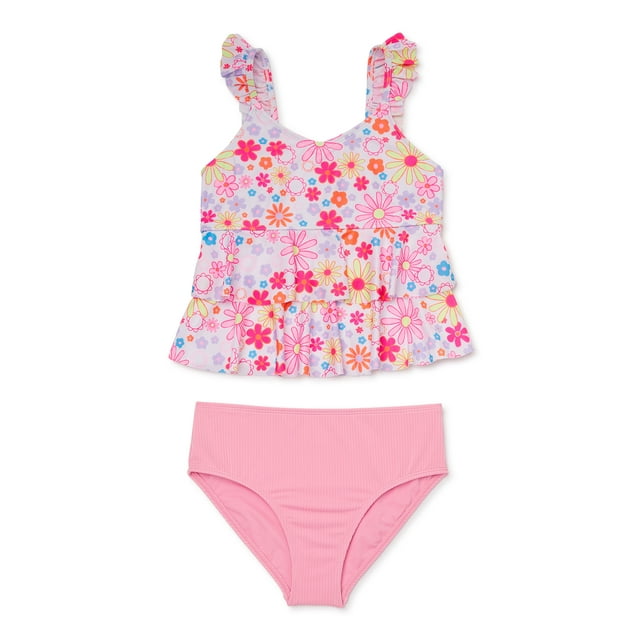 Wonder Nation Girls Floral Ruffle Tankini Swimsuit with UPF 50, Sizes 4 ...
