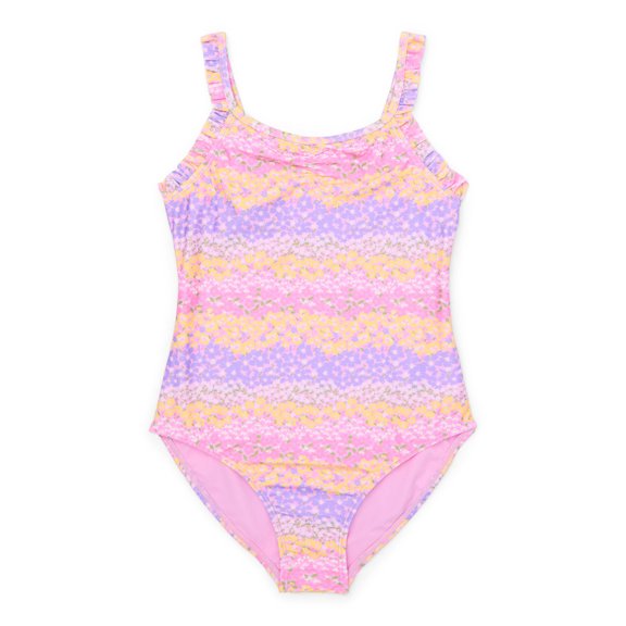 Wonder Nation Girls Frilly Floral Print One Piece Swimsuit with UPF50 , Sizes 4-18 & Plus