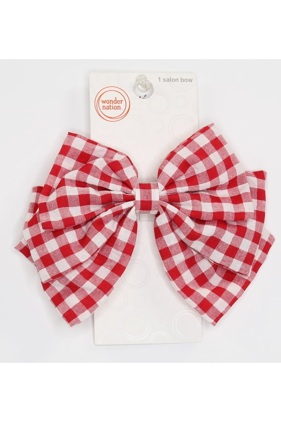 Girls Gingham Print Bow Barrette Clip, Red