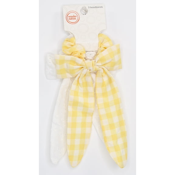 Wonder Nation Girls Gingham Print and Eyelet Twister Scarf Hair Ties, 2-Piece, Yellow/White
