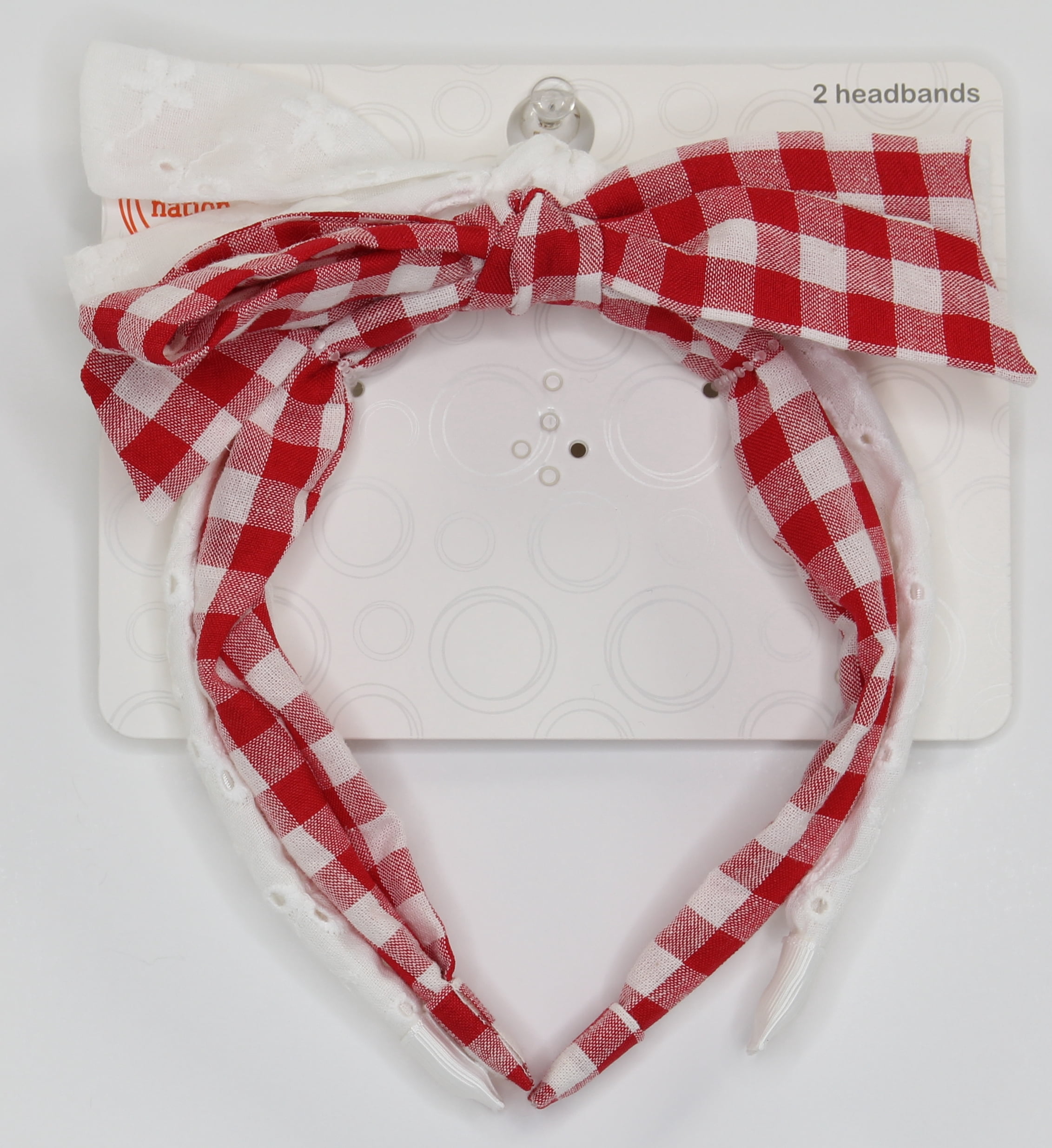 Wonder Nation Girls Gingham and Eyelet Bow Headbands, 2-Piece, Red/White