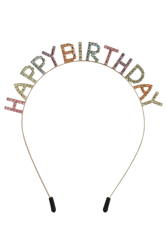 Girls Gold-Tone Pastel Multicolored Stone Happy Birthday Metal Headband