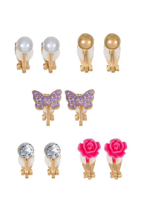Goldtone Clip-on Earrings, Girls, 5 Pairs
