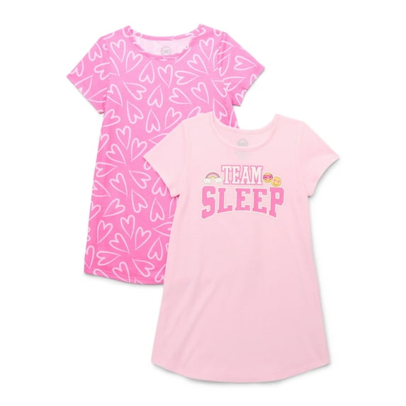 Wonder Nation Girls Graphic Print Sleep Dress with Short Sleeves, 2-Pack, Sizes 4-18 & Plus