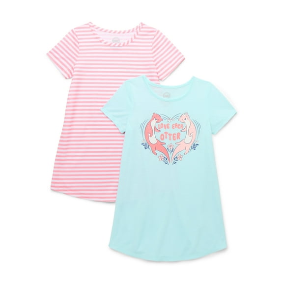 Wonder Nation Girls Graphic Print Sleep Dress with Short Sleeves, 2-Pack, Sizes 4-18 & Plus