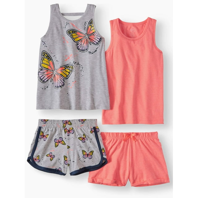 Wonder Nation Girls Graphic Tank Tops and Shorts, 4-Piece Mix and Match Outfit Set, Sizes 4-18 & Plus