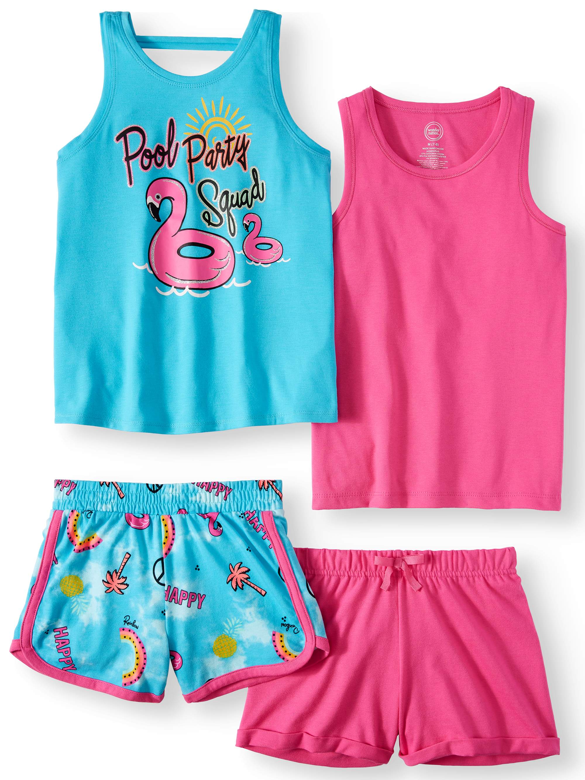 Wonder Nation Girls Graphic Tank Tops and Shorts, 4-Piece Mix and Match Outfit Set, Sizes 4-18 & Plus - image 1 of 4